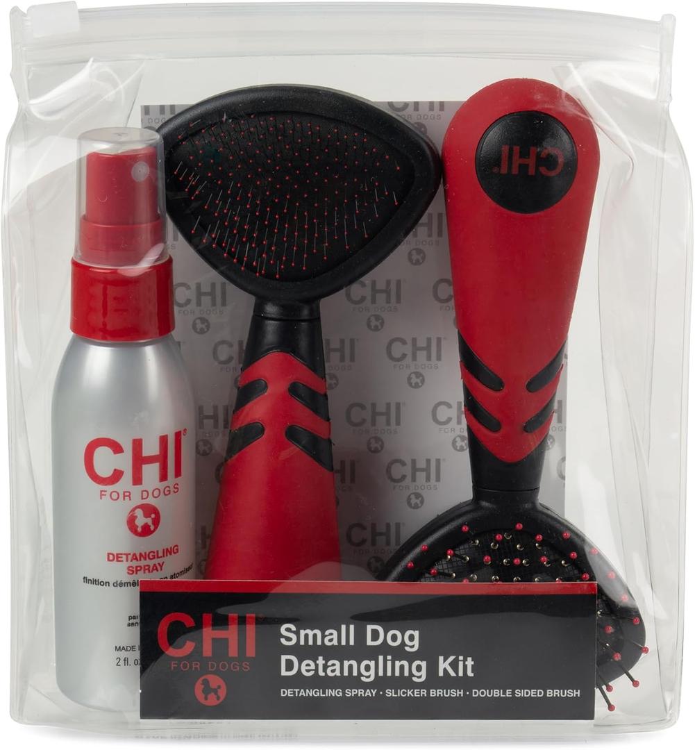 CHI for Dogs Small Dog Detangling Kit - 3-Piece Grooming Set with Detangling Spray, Double-Sided Brush, and Slicker Brush - Dog Grooming Essentials for Coats and Tangles (One Size)