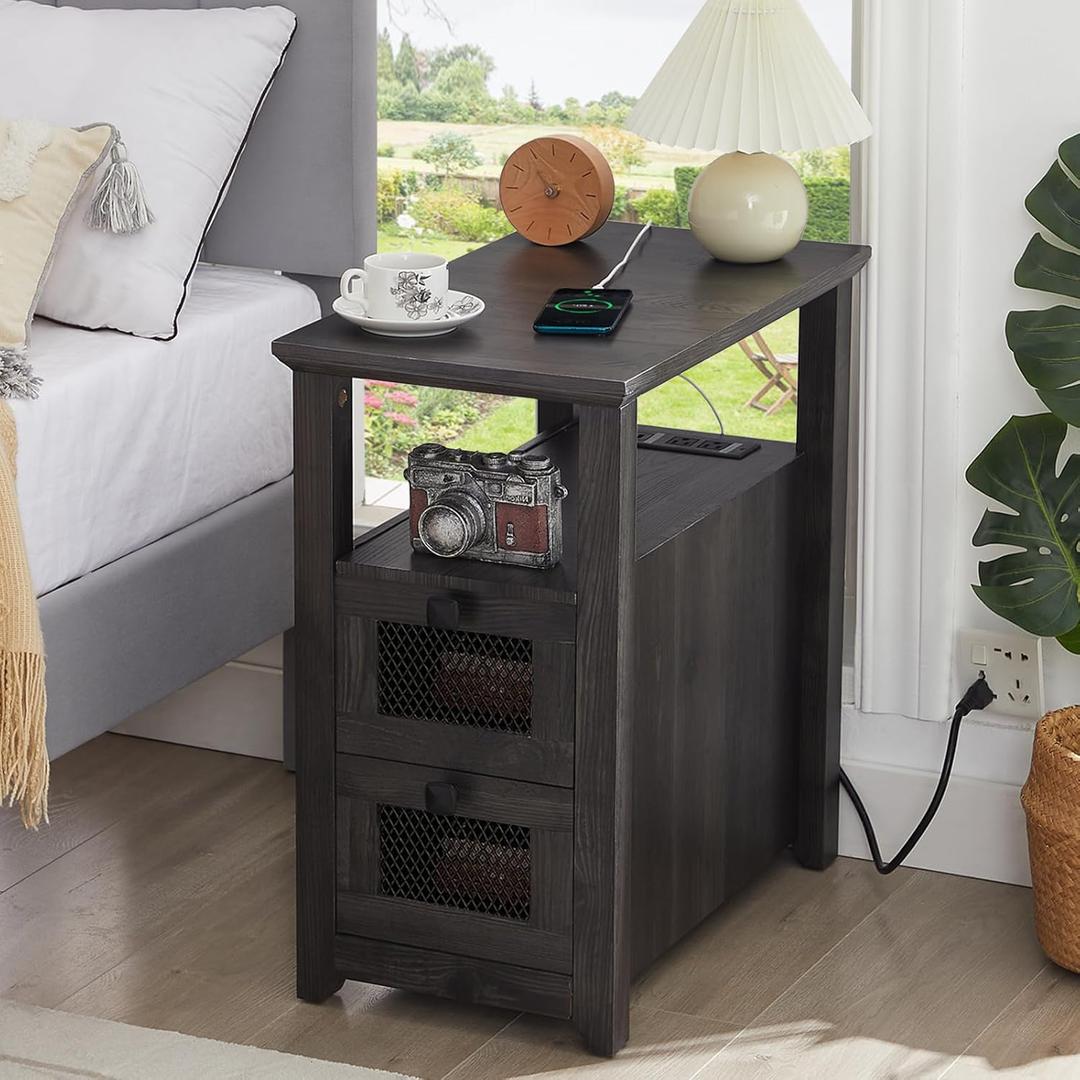 Farmhouse XXL End Table with Charging Station, Narrow Side Table with USB Ports and Outlets, Nightstand with 2 Drawers Storage, Grey Bedside Tables for Living Room, Bedroom