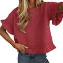 Yeokou Womens Short Sleeve Sweater Round Neck Ruffled Hem Knit Crochet Pullover Summer Fall Casual Top Blouse (Red, L)