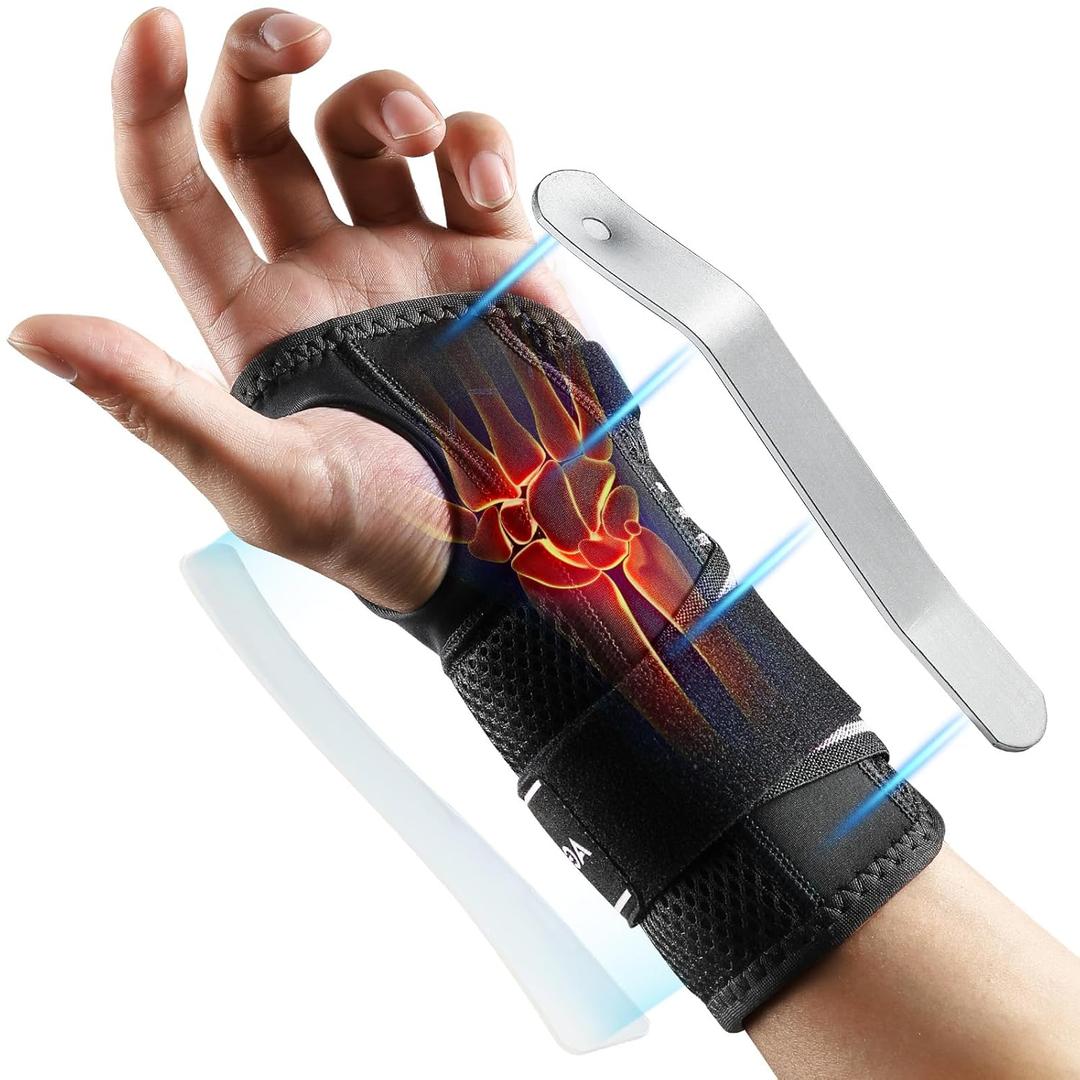 AGPTEK Carpal Tunnel Wrist Brace for Men Women, Night Sleeping Wrist Support with 2 Splints, Pain Relief Hand Brace for Arthritis Sprains Tendonitis, Adjustable Wrist Splint for Left Hand (S/M, Black & White )