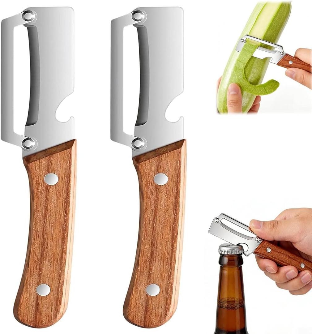 2 Pack Multifunctional Vegetable Peeler, Peelers for Kitchen with Bottle Opener, Zero Snag Wooden Peeler, 2 in 1 Stainless Steel Peeler with Wooden Handle, Potato, Fruit, Pumpkin