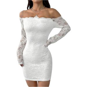 Milumia Women's Lace Long Sleeve Mini Dress Sexy Off The Shoulder Bodycon Birthday Party Going Out Dresses (Large, White)