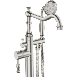 Brushed Nickel Bathtub Faucet Freestanding Tub Filler High Pressure Single Handle Bathtub Filler Floor Mounted Brass Bathroom Tub Faucets with Handheld Shower