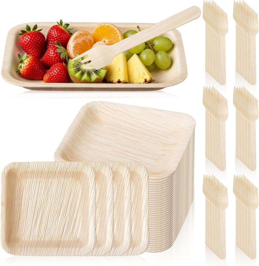 Potchen 50 Set 6 Inch Palm Leaf Plate Set Compostable Grease Resistant Square Plates and Wooden Forks Natural Disposable Biodegradable Dinnerware Tableware