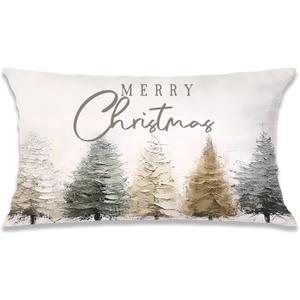 Neutral Merry Christmas Tree Pillow Covers 12x20 Double-Sided, Rustic Christmas Decor, Cozy Winter Abstract Pine Tree Lumbar Pillow Covers for Home Bedroom Living Room