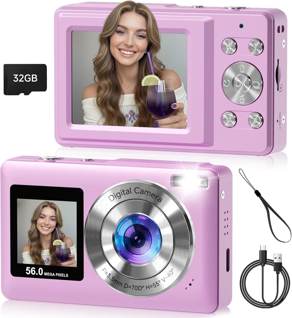 Compact Camera,56MP Dual-Screen Digital Camera for Teens with Auto Focus,Smile Capture,Anti-Shake,16X Zoom,32GB SD Card Camera Digital Gift for Boys Girls Teens (Purple)