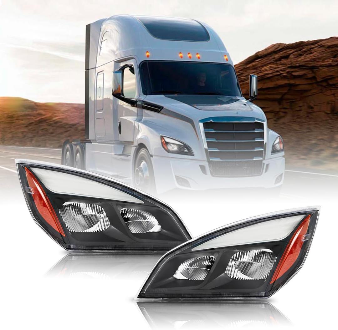 Headlights Compatible with 2018-2023 Cascadia Headlight LED, Reflector Cascadia Headlamps, Pair Set, Black Housing