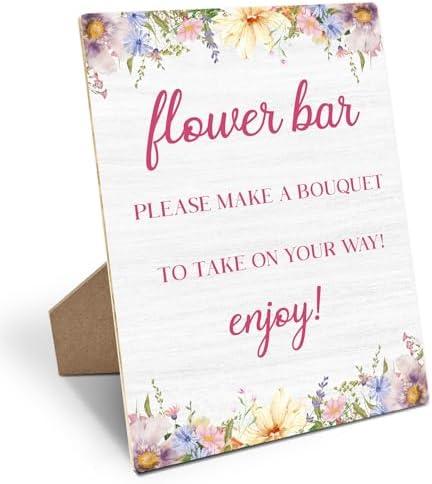 Flower Bar Sign, Wooden Sign with Stand Stand 8x11 Inches, Table Centerpieces for Bridal Shower, Wedding, Engagement, Brunch, Bachelorette, Birthday Party -04 Pack of 2