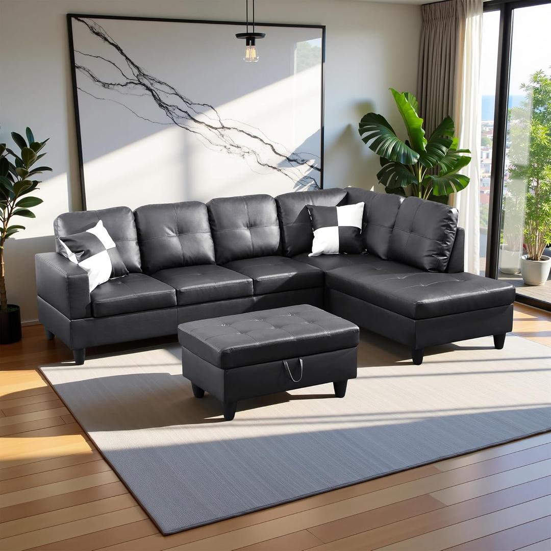 103.5" Oversized Sectional Couch, L Shaped Couch with Storage Ottoman, Modern Modular Sofa with Deep Seat, Sectional Couches for Living Room and Office, Jet Black (Faux Leather) (Right Facing +Ottoman)