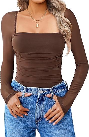 Avidlove Women's Square Neck Mesh Long Sleeve Bodysuit Shirts Ruched Body Suit Sexy Sheer Tops Date Night Outfit (XL, Brown) 