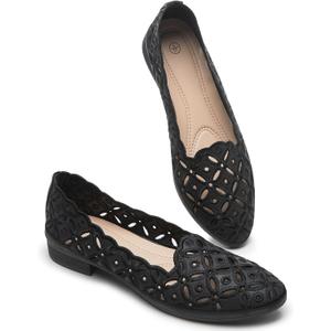 BABUDOG Womens Flats,Black and White Dress Flats with Flower Eyelets,Breathable Ballet Flats