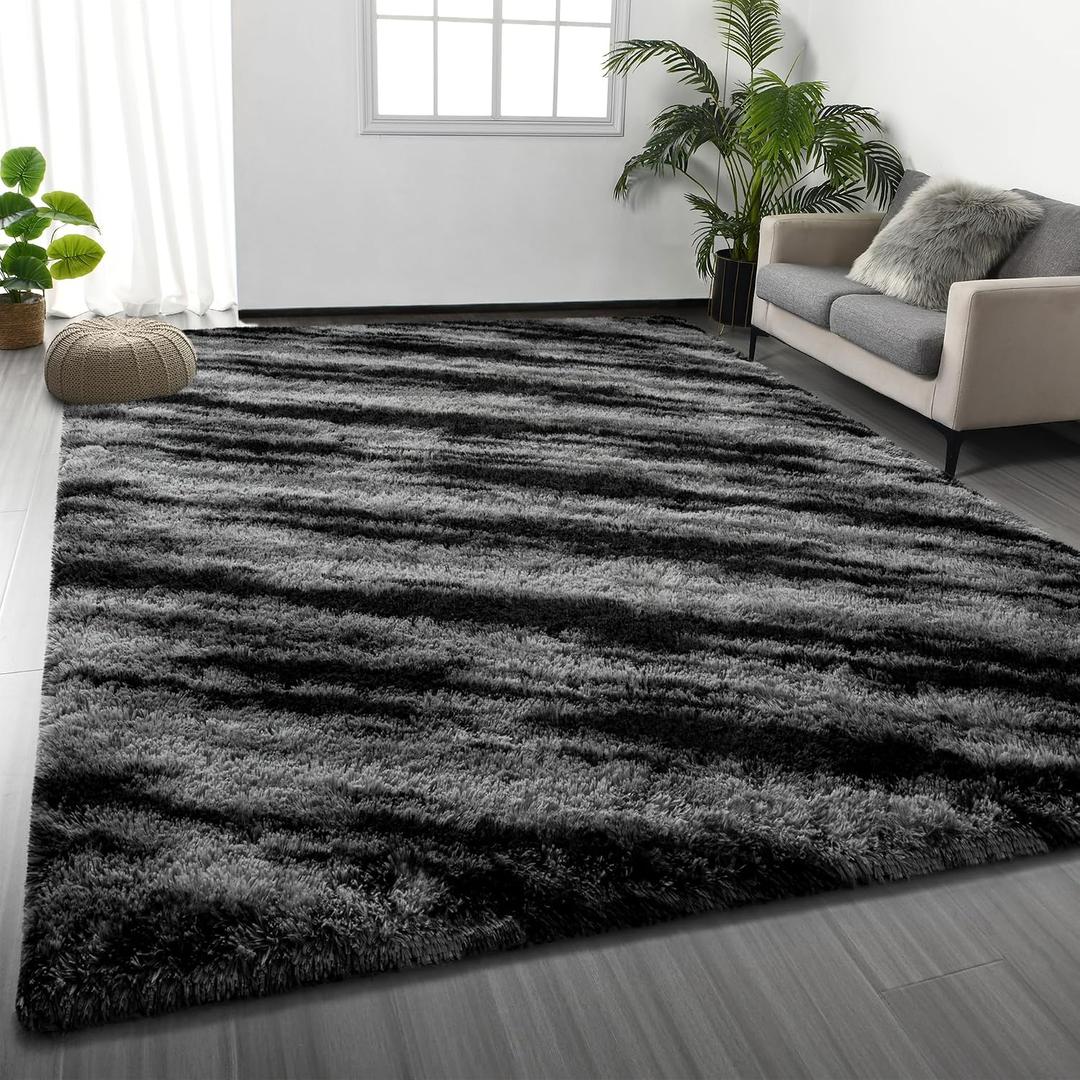 Deerhoo Large Shag Area Rugs 9 x 12, Tie-Dyed Plush Fuzzy Rugs for Living Room, Ultra Soft Fluffy Furry Rugs for Bedroom, Anti-Skid Indoor Carpet Nursery Rugs for Kids Room Home Decor, Black Grey