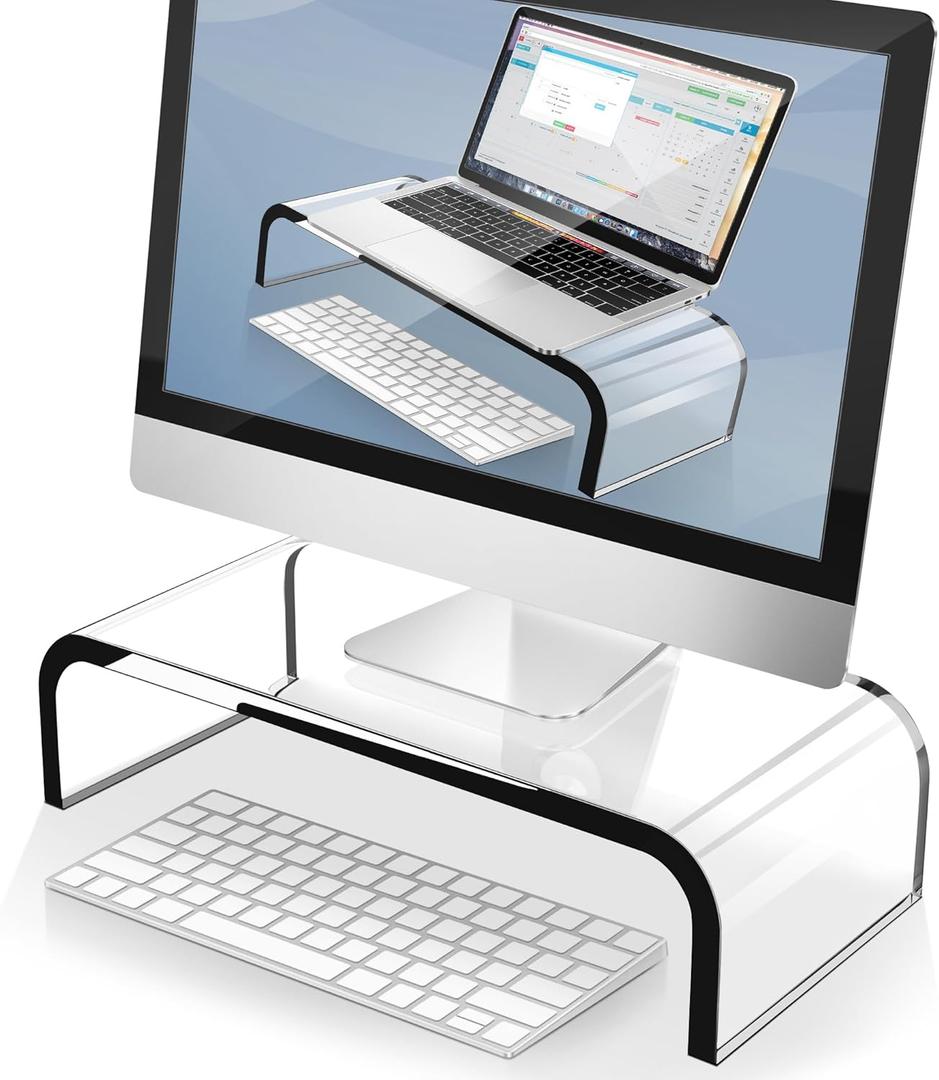 AboveTEK Acrylic Monitor Stand  Clear Monitor Riser & Computer Desk Stand, Premium Acrylic Laptop Stand for Home Office, PC TV Stand with Keyboard Storage Heavy Duty Desk Riser
