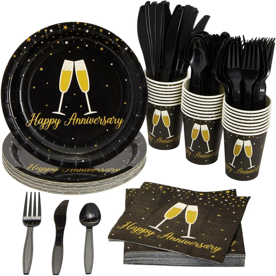 BLUE PANDA 144-Piece Happy Anniversary Party Decorations and Supplies, Includes Plates, Napkins, Cups, and Cutlery, Bulk Set for Wedding, Work, or Milestone Anniversaries (Serves 24 Guests)