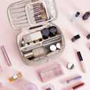 Wandering Nature Puffer Initial Makeup Bag, Personalized Travel Make Up Organizer Cosmetic Bags with Brush Holder and Divider, Gift with Chenille Letter for Moms, Wives, Girlfriend, Besties (E, Beige)