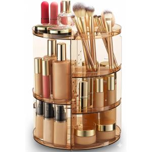 Masirs 360 Rotating Makeup Organizer - Adjustable Shelf Height and Fully Rotatable - The Perfect Round Spinning Cosmetic Organizer for Bedroom Dresser or Vanity Countertop Storage (Brown)