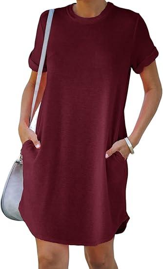 YEXIPO Women's Casual Summer Short Sleeve T Shirt Dress Nightgown Crew Neck Loose Solid Color Basic Dresses with Pockets SIZE L ( Wine Red )