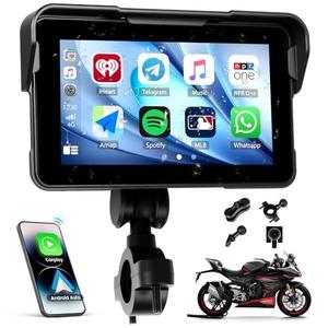 Wireless Motorcycle Carplay GPS Navigation System with Apple Carplay and Android Auto,5-Inch Waterproof Touchscreen Motorcycle Portable Car Stereo with Dual Bluetooth