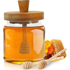 Loscarol Honey Pot with Dipper and Lid - 18oz Glass Honey Jar with Wooden Honey Dippers Stick Set, Wide Mouth Honey Containers - Airtight Syrup Dispenser for Home Kitchen