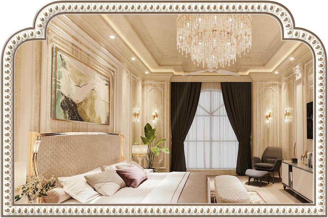 36x24'' Farmhouse Wood Decorative Wall Mirrors with Beads, Boho Large Wide Arch Mirror for Living Room, Bedroom, Entryway, Fireplace