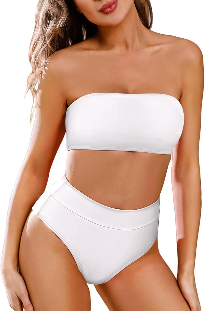 Pink Queen Women's Removable Strap Wrap Pad Cheeky High Waist Bikini Set Swimsuit (Medium, White)