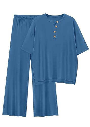 PRETTYGARDEN 2 Piece Lounge Sets for Women Summer 2025 Short Sleeve Tops Wide Leg Pants Matching Travel Outfits Clothing (Blue,X-Small)