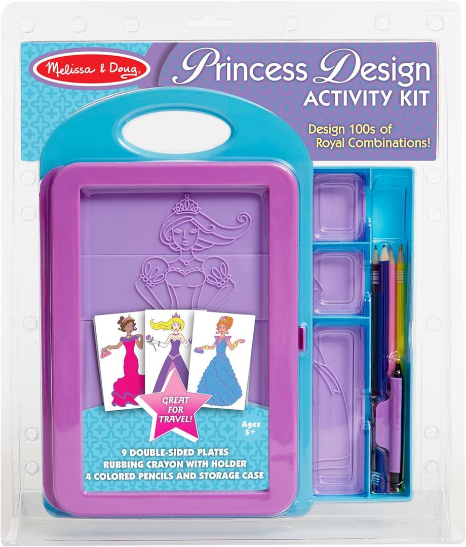 Melissa & Doug Princess Design Activity Kit - 9 Double-Sided Plates, 4 Colored Pencils, Rubbing Crayon