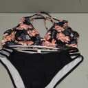 Fanuerg Women's Sexy V Neck Bikini Sets Hollow Out Two Piece Swimsuits Cutout Mid Waist Bathing Suit (Large, Black Floral)