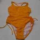 Pink Queen Women's Scoop Neck Racerback Ruched Crop Top High Waisted Bikini Sets 2 Piece Swimsuit Bathing Suit (Large, Orange)