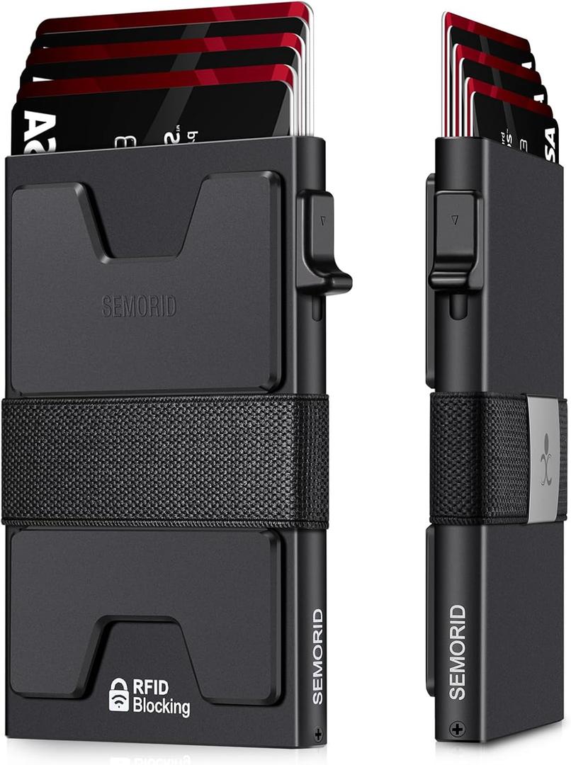 SEMORID Slim Aluminum Card Holder Wallet for Men, Durable Expandable Backplate, RFID Blocking Minimalist Metal Pop Up Wallet, Holds 12+ Cards Plus Cash (Black)