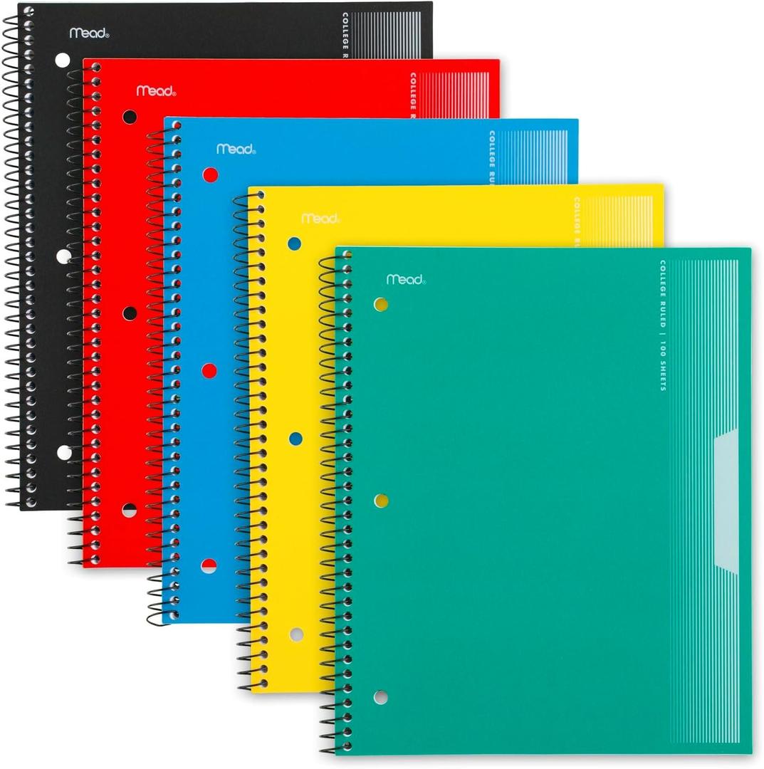 Mead Spiral Notebook, 5 Pack, 1 Subject, College Ruled Paper, Plastic Cover, 8-1/2" x 11", 100 Sheets per Notebook, Assorted Colors (820299-AMZ-TK)