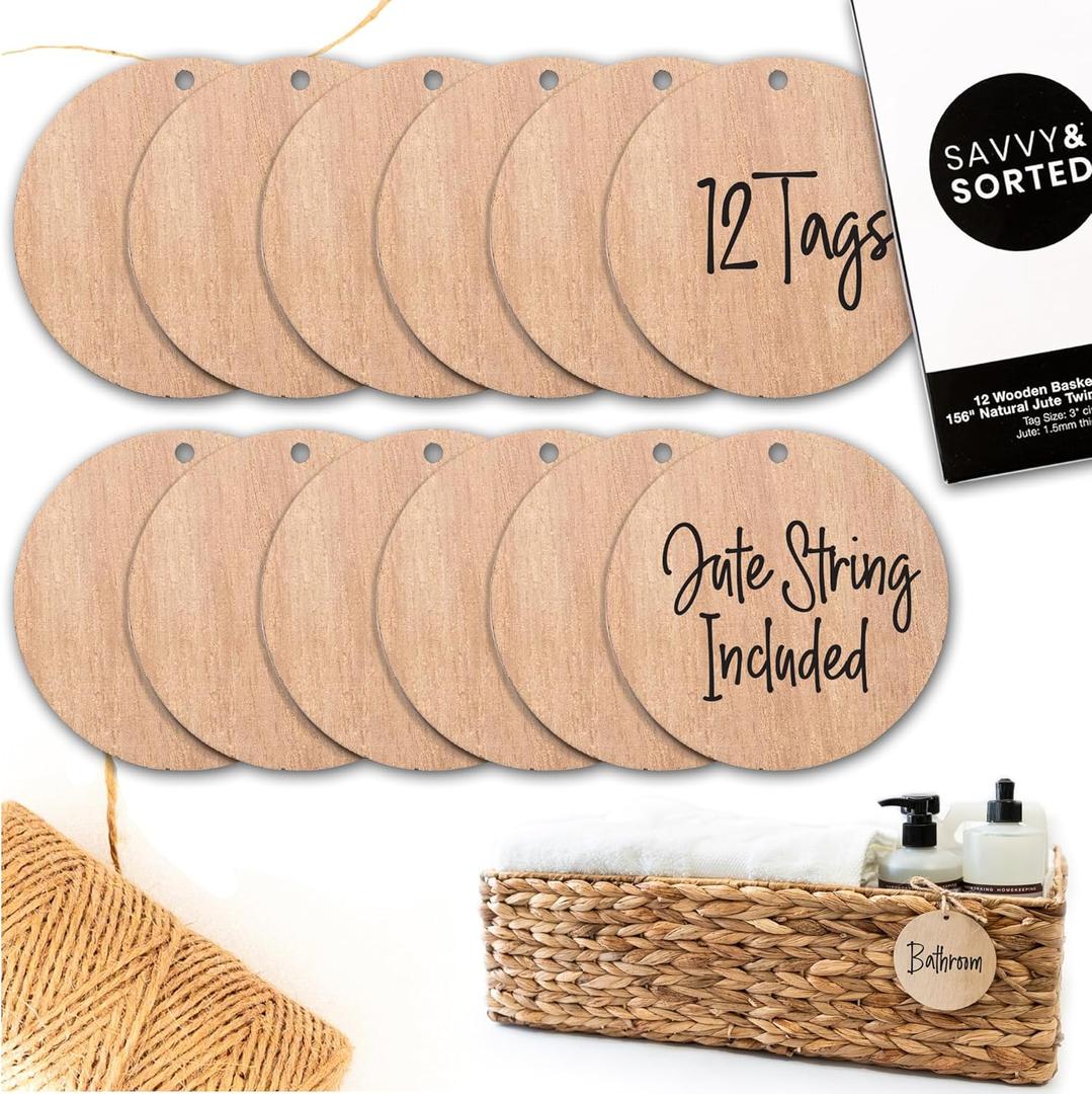 SAVVY & SORTED 12 Round Wooden Ornament Basket Tags for Storage Bin, 3 Wood Bin Labels with Jute String - Hanging Basket Labels for Pantry, Closet Organization, Blank Personalized Craft Tags (Natural)