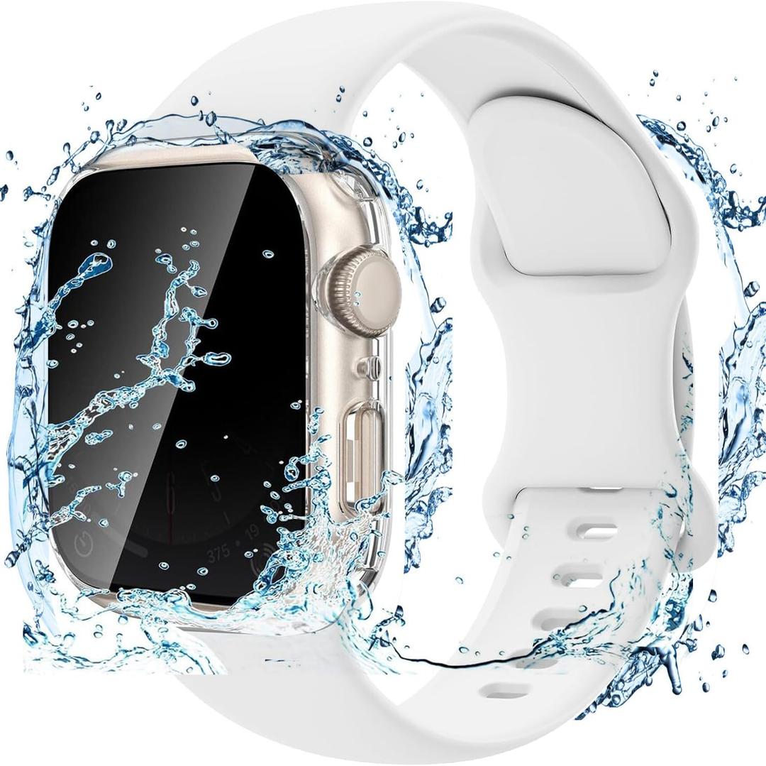 3 x 3 In 1 Waterproof Privacy Case for Apple Watch 10 With Band 46mm,Water Proof Face Cover Built-in Anti Spy Tempered Glass Screen Protector & Silicone Soft Bands for iWatch Series 10(Clear/White, 46mm)