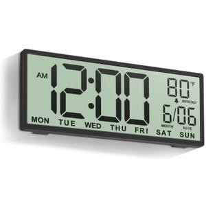 JALL 14.5" Large Digital Wall Clock Battery Operated with Big Digits LCD Screen Display, Day, Date, Alarm, Auto DST, Temperature for Living Room, Bedroom, Desk Decor, Mounted, Gift for Elderly (Black)