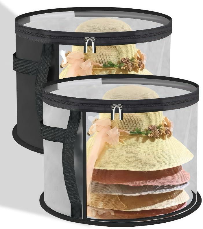 Hat Storage Box Organizer with Clear Window, Round, Set of 2, Black