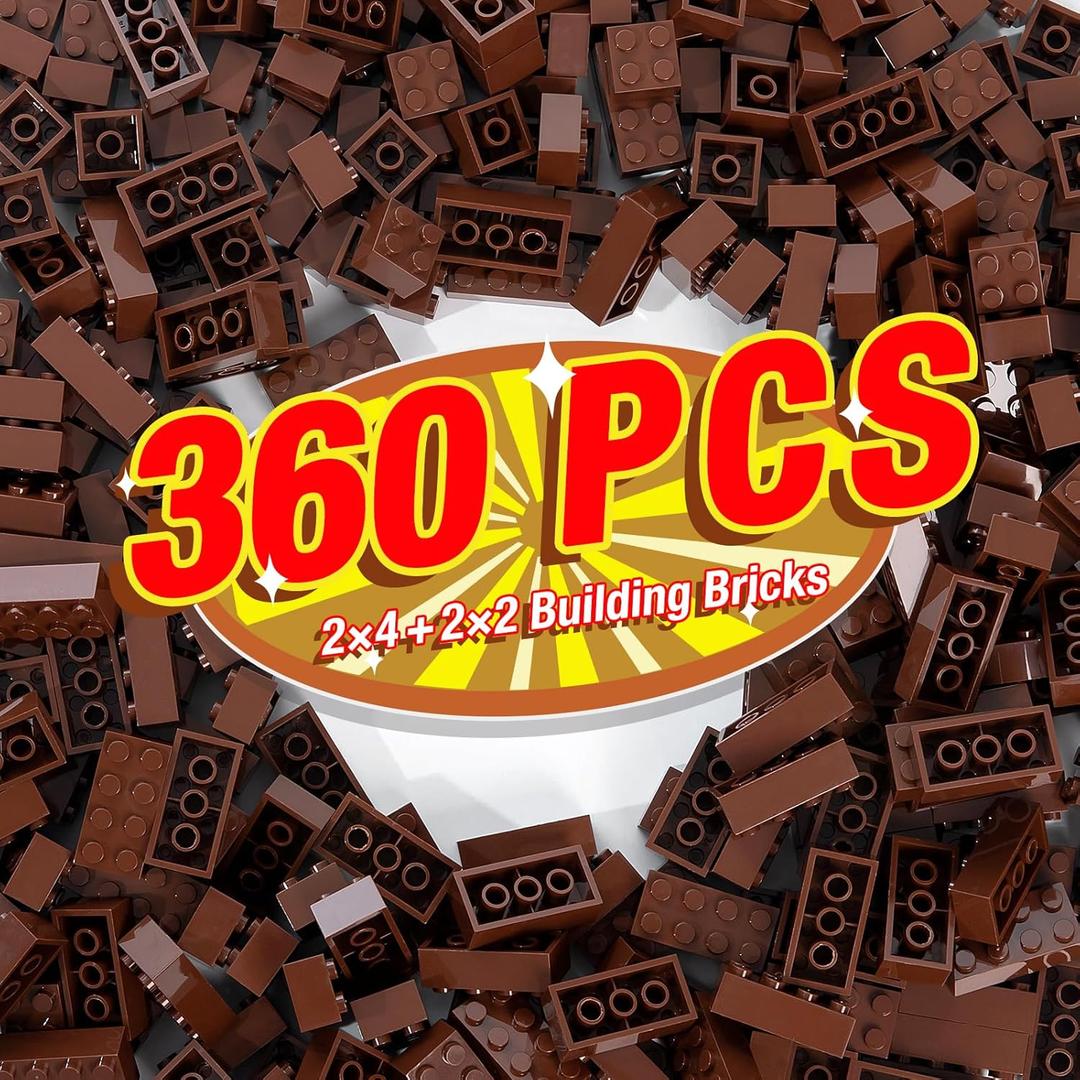 360 Pieces Building Bricks, Classic Basic Flats Parts and Pieces - 2x4 Brick x200 and 2x2 Brick x160, Moc Building Bulks Compatible with All Major Brands, Brown