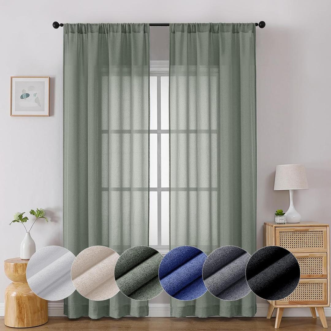 Lecloud Serena Semi-Sheer Sage Green Curtains, 84 Inch Length, Lightweight, Light-Filtering, Rod Pocket, Solid, Bedroom & Living Room (Each 40 W x 84 L, 2 Panels Set, Sage Green)