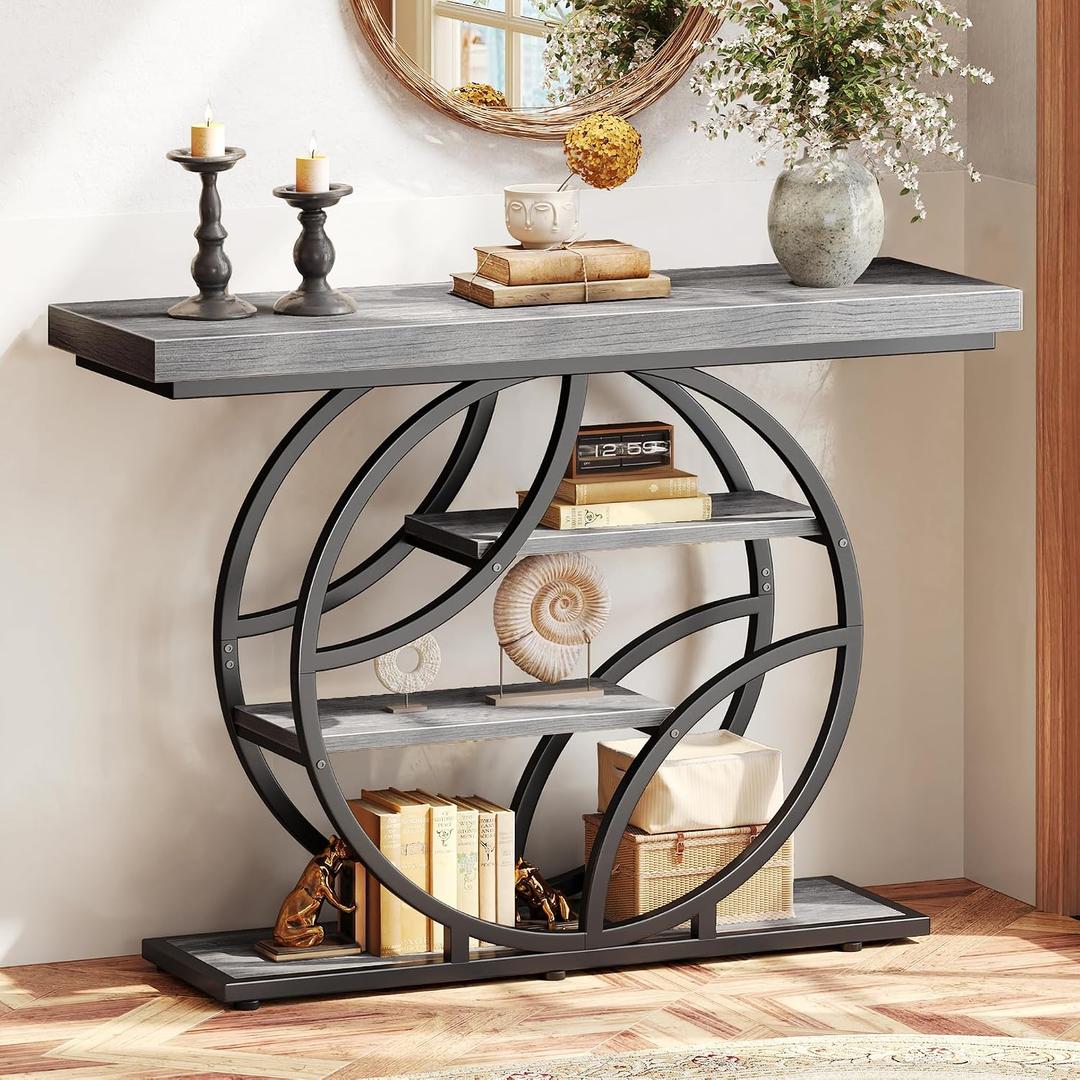 Huuger 41.3 Inch Entryway Table, Modern Console Sofa Table, Accent Table with Shelves, for Entry, Hallway, Entrance, Foyer, O-Shaped Metal Frame, Light Grey, 11.8"D x 41.3"W x 31.5"H