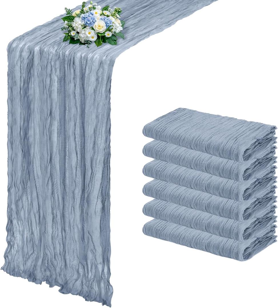 6 Pack Dusty Blue Cheesecloth Table Runner 17x108 Inch Semi Sheer Boho Gauze Cheese Cloth Fabric Table Runners, for Wedding Party Baby Shower Birthday Home Decor Garden Farmhouse