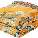Boho Throw Blanket, 100% Cotton Ultra Soft Luxury Throw Rustic Quilt, Floral Printed Farmhouse Decor Bed Summer Blankets, All Season Rustic Reversible Bohemian Throw for Bed (60"x80" Yellow)