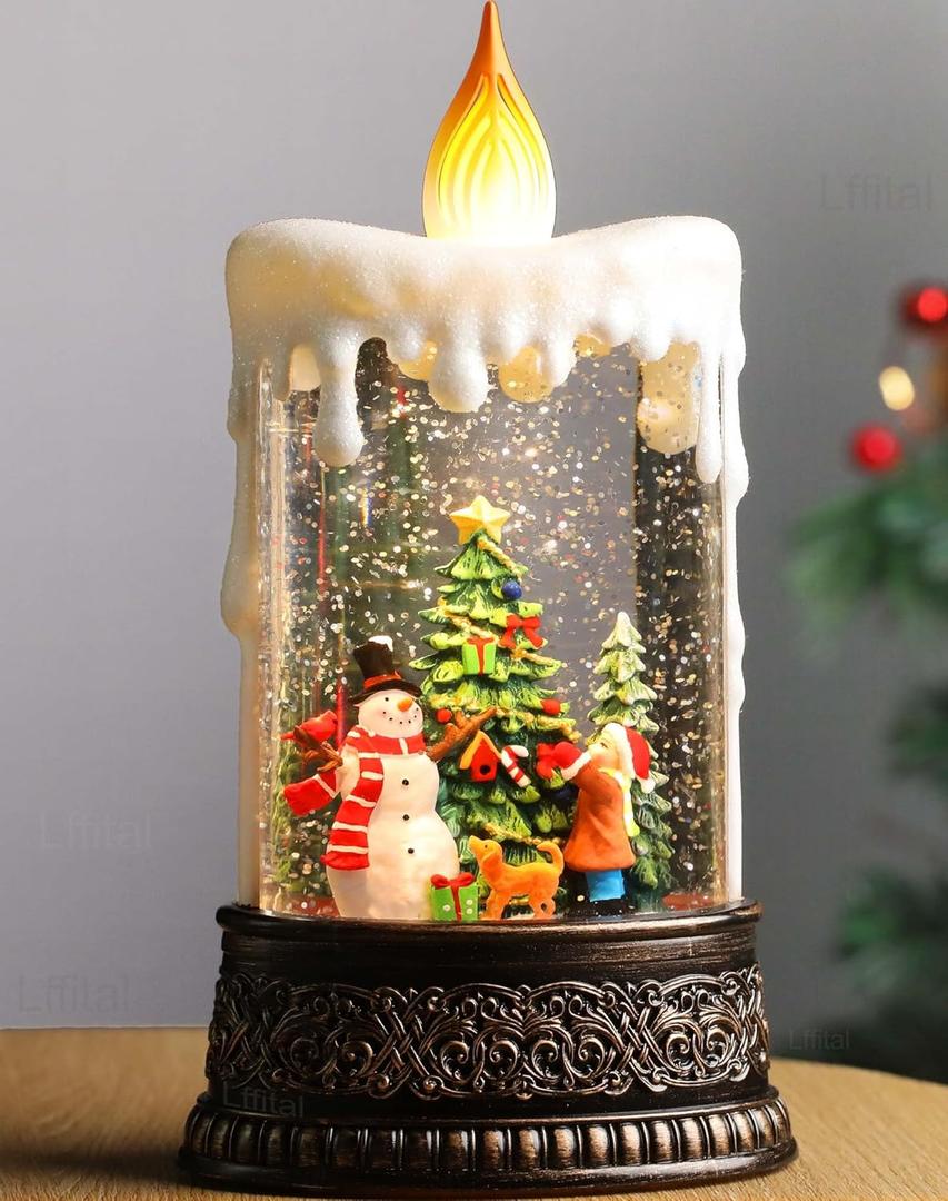 Snowman Christmas Snow Globe Lantern, Lighted Christmas Decorations for Home Candle Shaped Snow Lantern with Music Timer Glittering, Home Decor Festival Gife, USB & Battery Operated