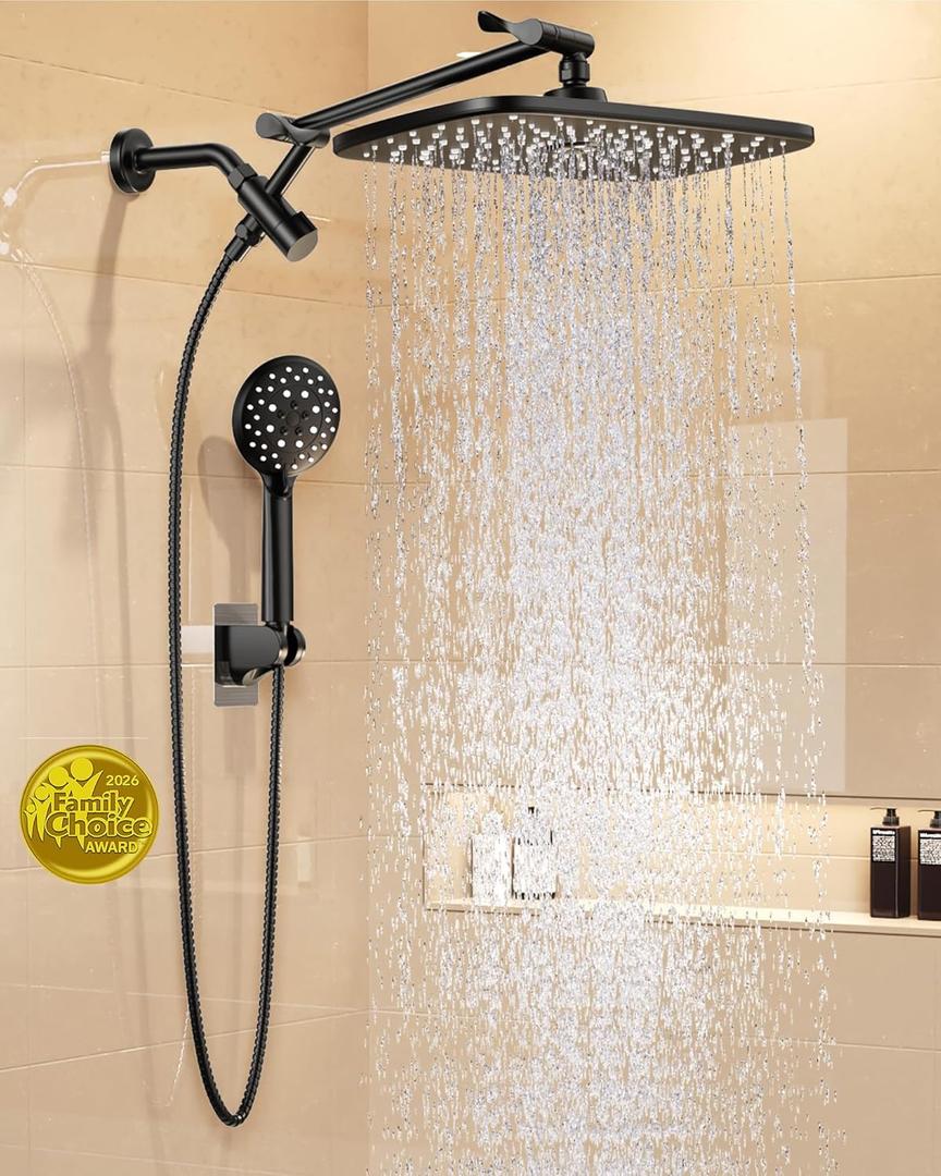 Veken 11.8" Rain Shower Head with Handheld, High Pressure Handheld Shower Heads with Multi Spray Modes, Rainfall Combo with 15" Metal Extension Arm,Detachable Dual Shower, Long 6 ft. Hose,Matte Black