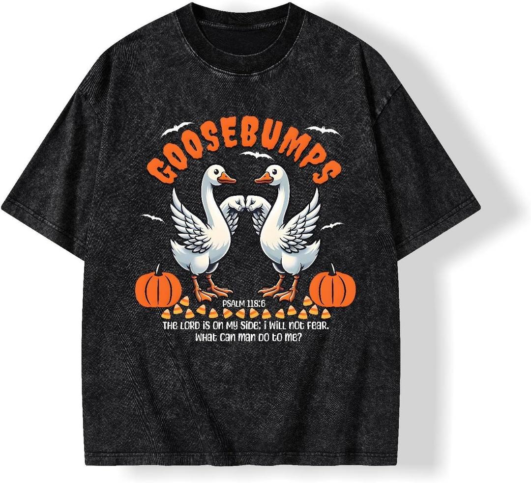 Graphic Tees Halloween Novelty Women Men Cotton Oversized Christian Goose with Pumpkin Washed T-Shirt (Black, S)