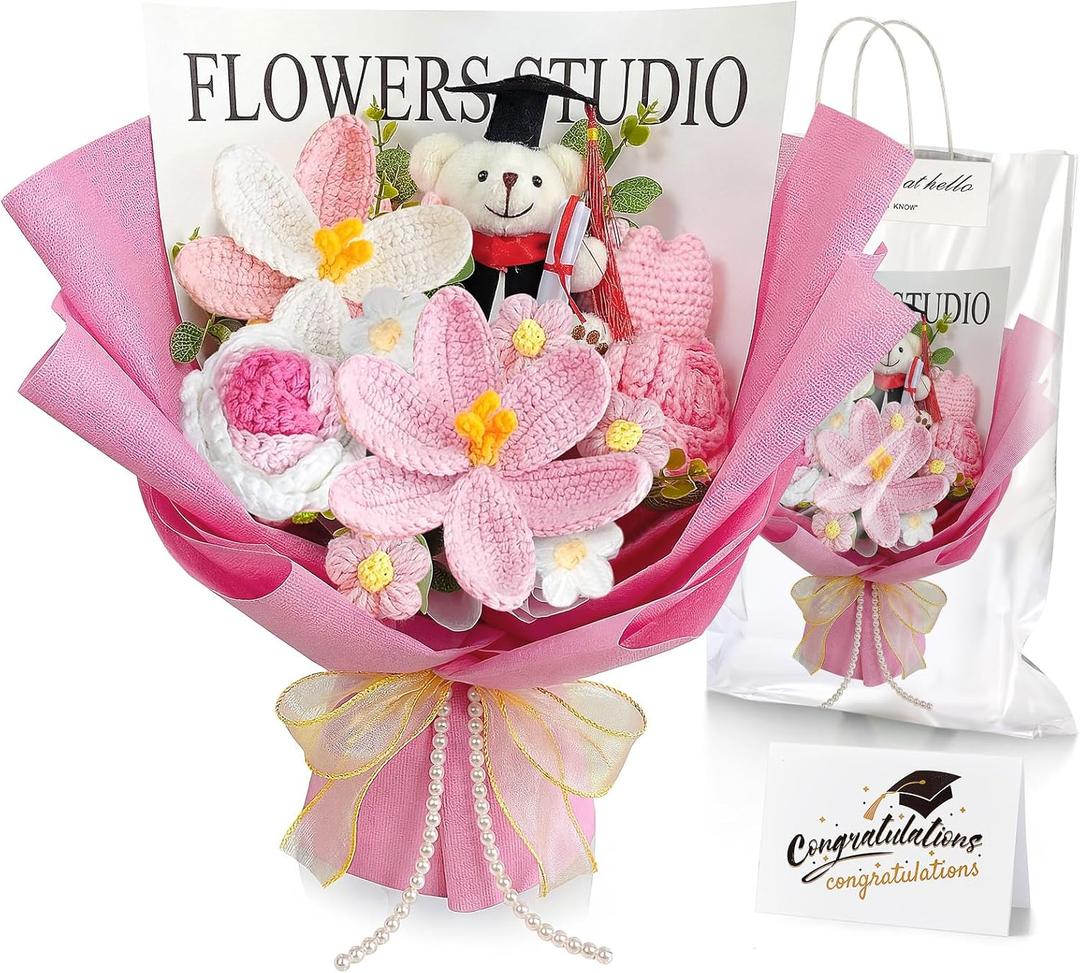 Giegxin Graduation Crochet Flowers Bouquet Set 2026 Grad Cap Plush Bear Hand Knitted Tulip Daisy Sunflower Rose Bouquet Greeting Card Gift Bag for Wedding Birthday Party Favors (Pink)