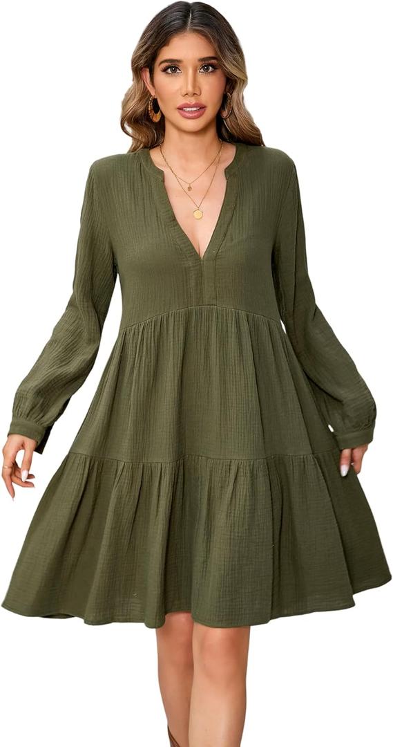 R.Vivimos Cotton Casual Dresses for Women Long Sleeve V Neck Tiered Flowy Mini Tunic Dress Large