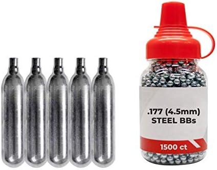 CO2 12g Tanks 5 Pack and 1500ct Steel BBS Bundle Compatible with Sig Sauer P365 BB Gun Air Pistol
