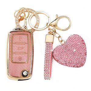Simocky for VW Key Fob Cover with Heart Keychain, Car Key Shell for Women, Compatible with Volkswagen Jetta Golf Polo MK6 Passat Tiguan Beetle Smart Remote Key Protector (3 Buttons-Pink)