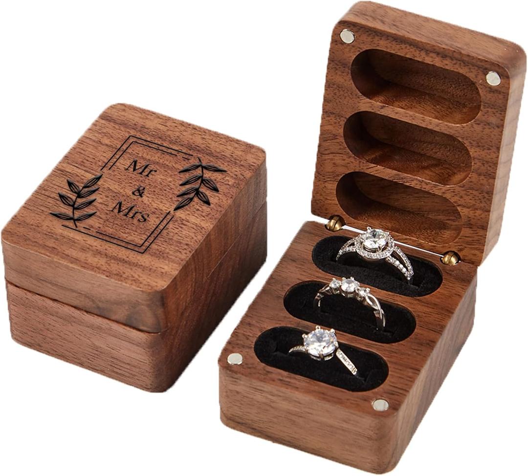 Roycraft Mr & Mrs Wedding Ring Box 3 Slot for Ceremony Engagement Birthday Ring Bearer Box Wooden Engrave Wedding Ring Box- Black Lining