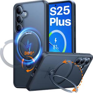 TORRAS 360Spin for Samsung Galaxy S25+ Plus Case with Stand, Fit for MagSafe 3X Military Grade Protective, Rotatable Kickstand for Samsung S25 Plus Case, Magnetic Ring Slim, Matte Black 6.7