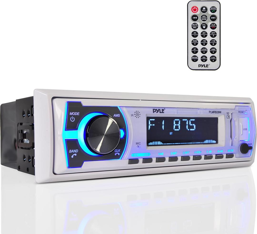 Pyle Marine Bluetooth Stereo Radio - 12V Single DIN In-Dash Receiver for Boat Audio with Built-In Mic - Digital LCD - MP3/USB/SD Playback - AM/FM Radio - RCA Output - Remote Control - PLMRB29W